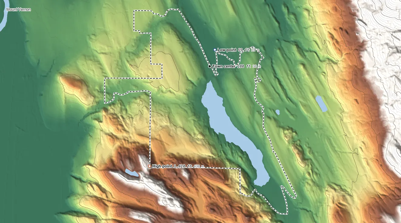 Topographic elevation map of Big Lake, Washington, shaded from 69 ft near the middle to 1,420 ft on the southwest side