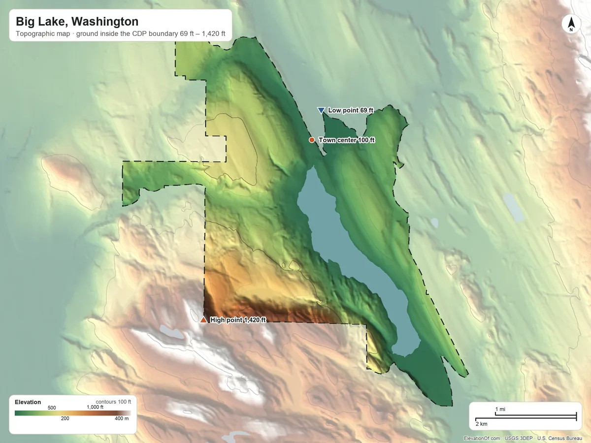 Topographic elevation map of Big Lake, Washington, shaded from 69 ft near the middle to 1,420 ft on the southwest side