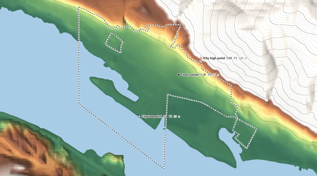 Topographic elevation map of Bingen, Washington, shaded from 81 ft on the southwest side to 540 ft at the foot of the Monte Cristo Range