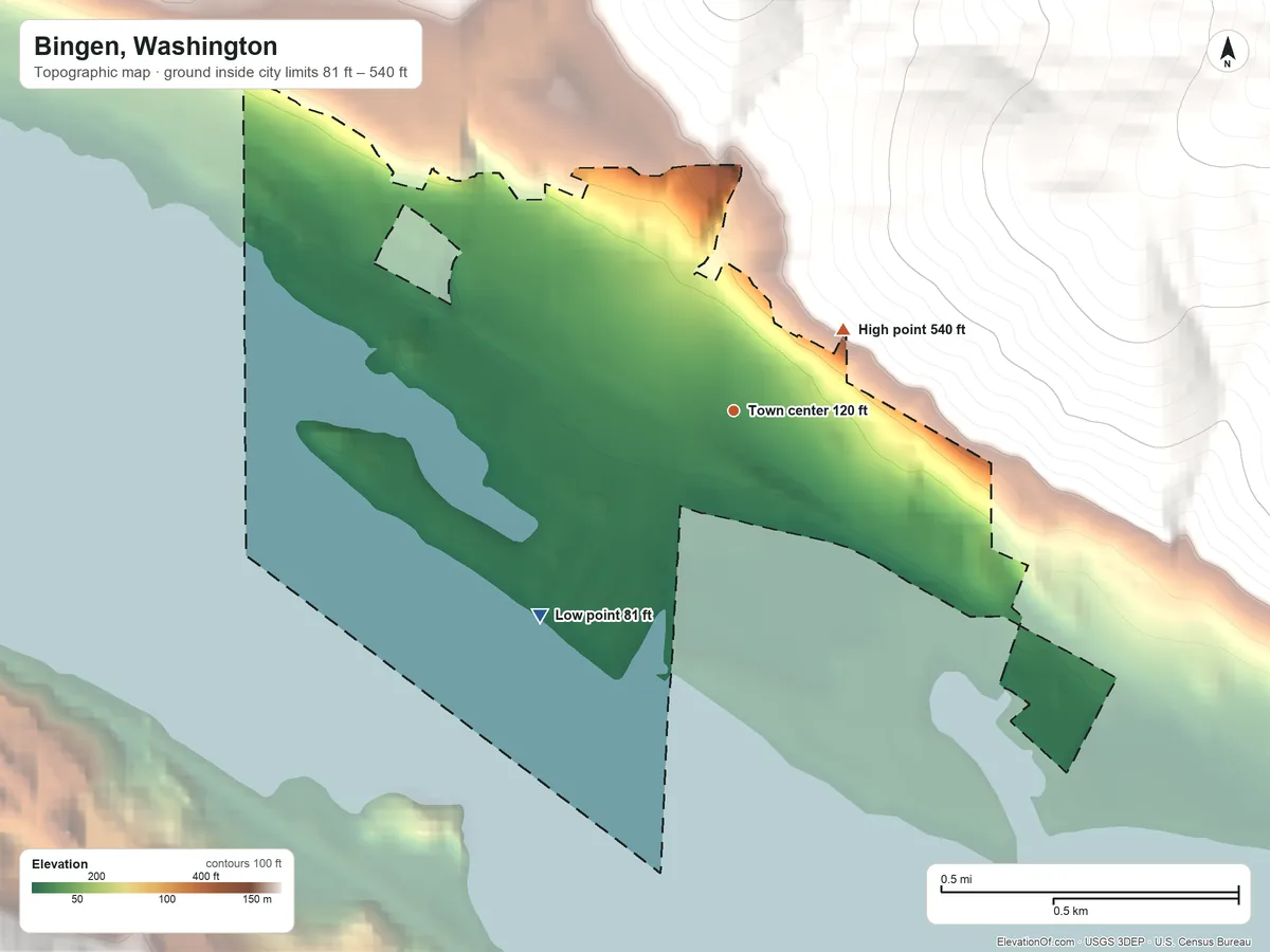 Topographic elevation map of Bingen, Washington, shaded from 81 ft on the southwest side to 540 ft at the foot of the Monte Cristo Range