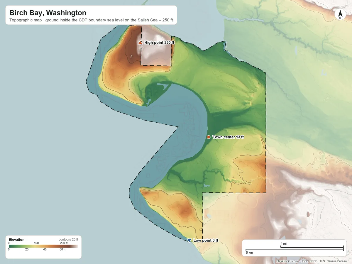 Topographic elevation map of Birch Bay, Washington, shaded from sea level level on the Salish Sea to 250 ft on the northwest side