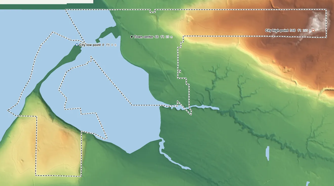 Topographic elevation map of Blaine, Washington, shaded from sea level level on the Salish Sea to 540 ft on the east side