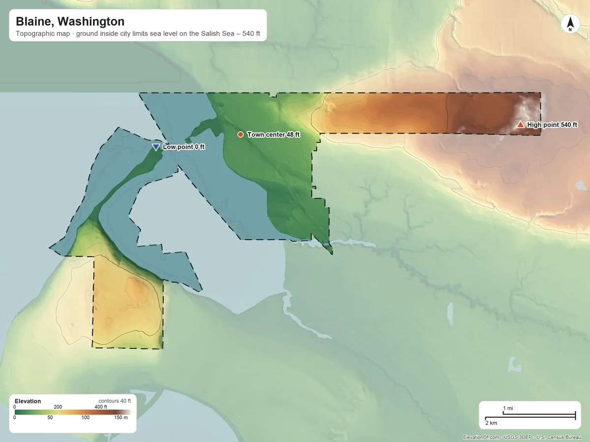 Topographic elevation map of Blaine, Washington, shaded from sea level level on the Salish Sea to 540 ft on the east side