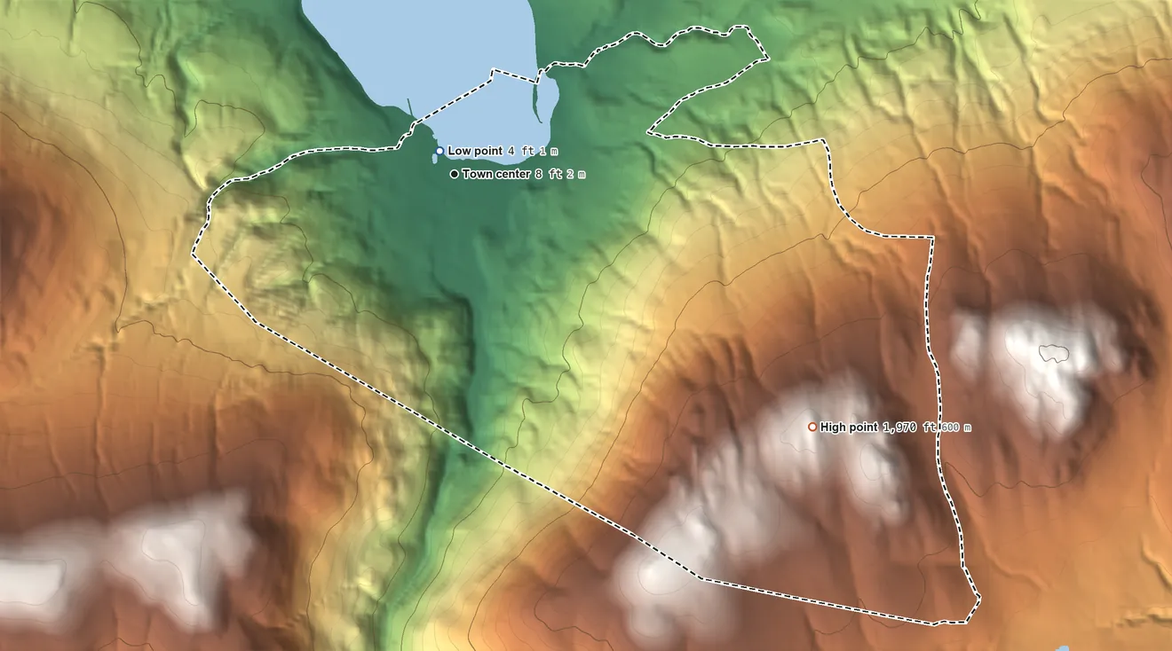 Topographic elevation map of Blyn, Washington, shaded from 4 ft near the middle to 1,970 ft on the southeast side