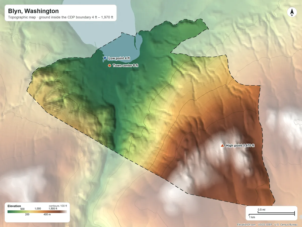 Topographic elevation map of Blyn, Washington, shaded from 4 ft near the middle to 1,970 ft on the southeast side