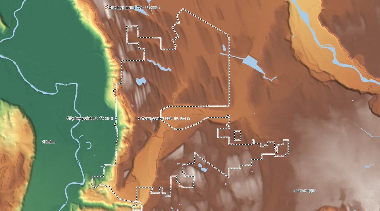 Topographic elevation map of Bonney Lake, Washington, shaded from 82 ft near the middle to 720 ft on the north side