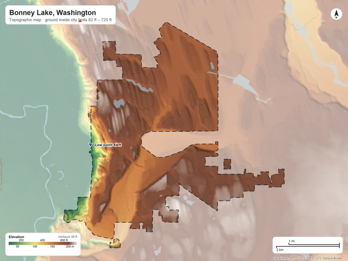 Topographic elevation map of Bonney Lake, Washington, shaded from 82 ft near the middle to 720 ft on the north side