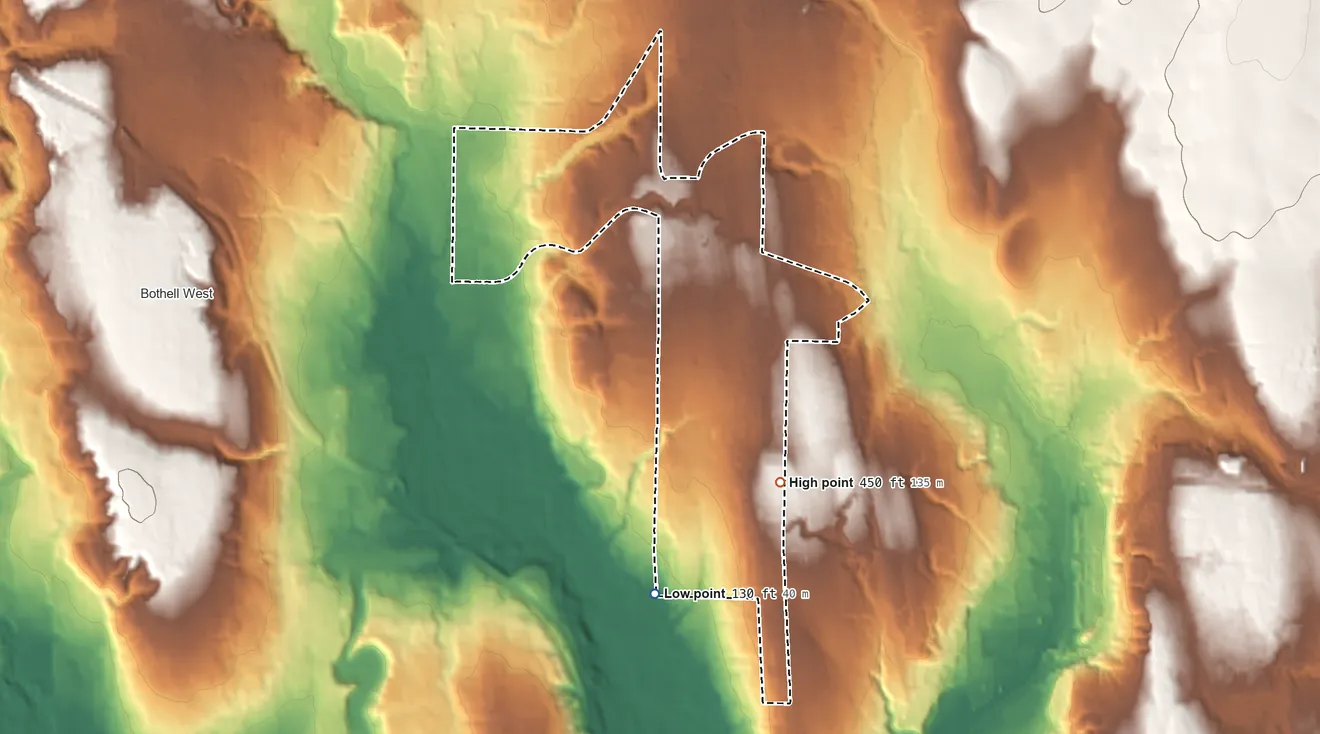 Topographic elevation map of Bothell East, Washington, shaded from 130 ft on the south side to 450 ft on the southeast side