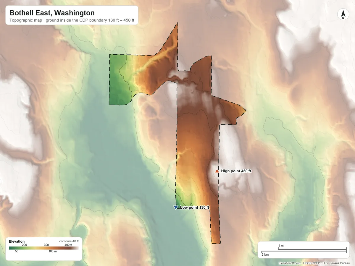 Topographic elevation map of Bothell East, Washington, shaded from 130 ft on the south side to 450 ft on the southeast side