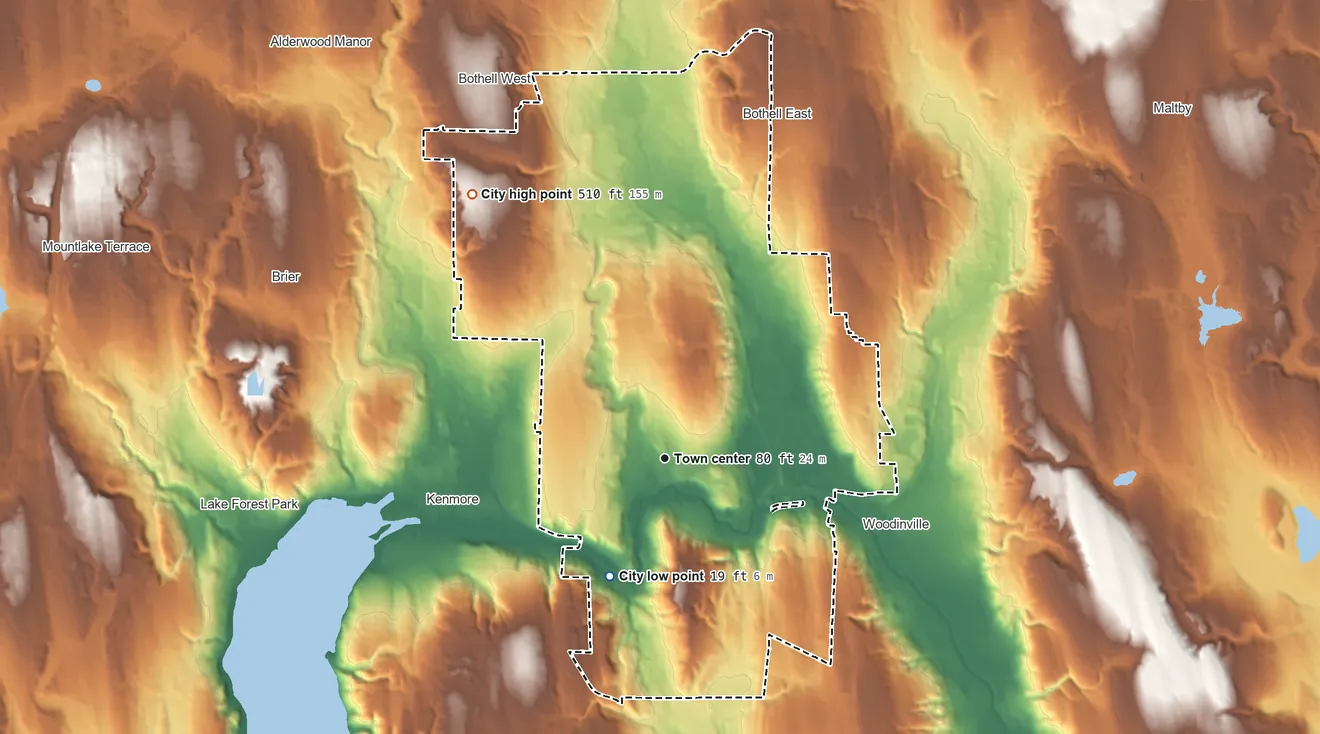Topographic elevation map of Bothell, Washington, shaded from 19 ft on the southwest side to 510 ft on the northwest side