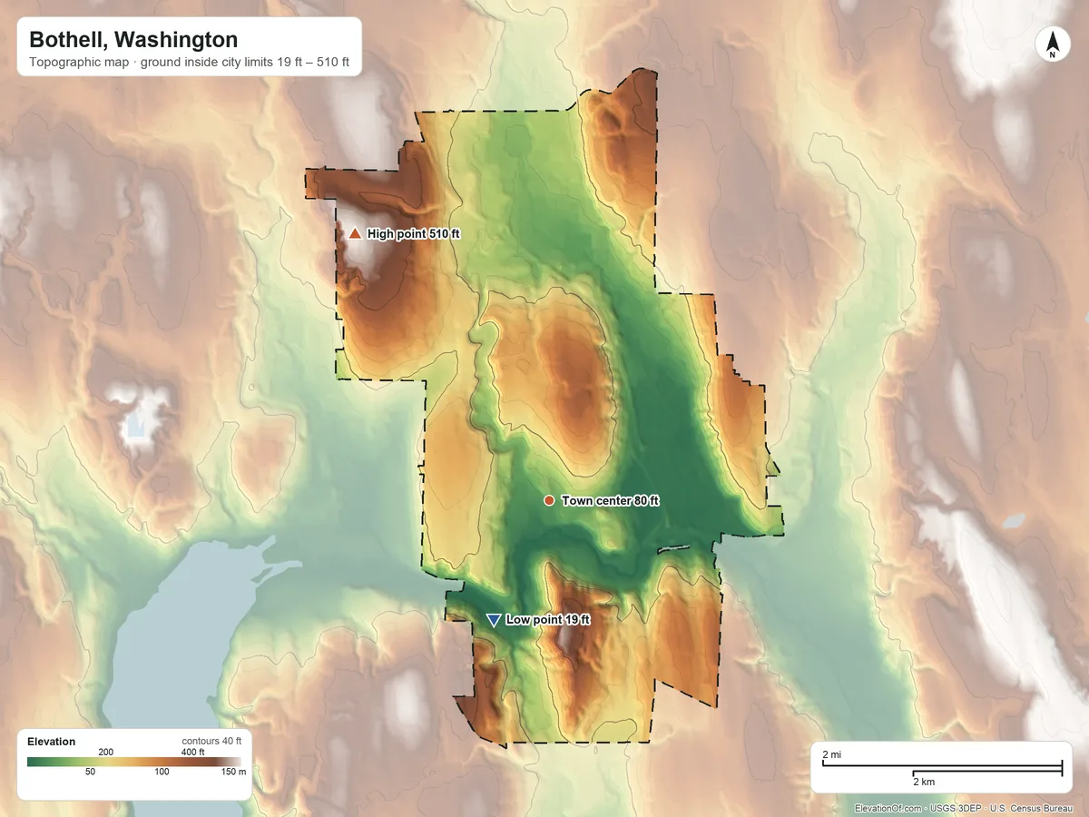 Topographic elevation map of Bothell, Washington, shaded from 19 ft on the southwest side to 510 ft on the northwest side
