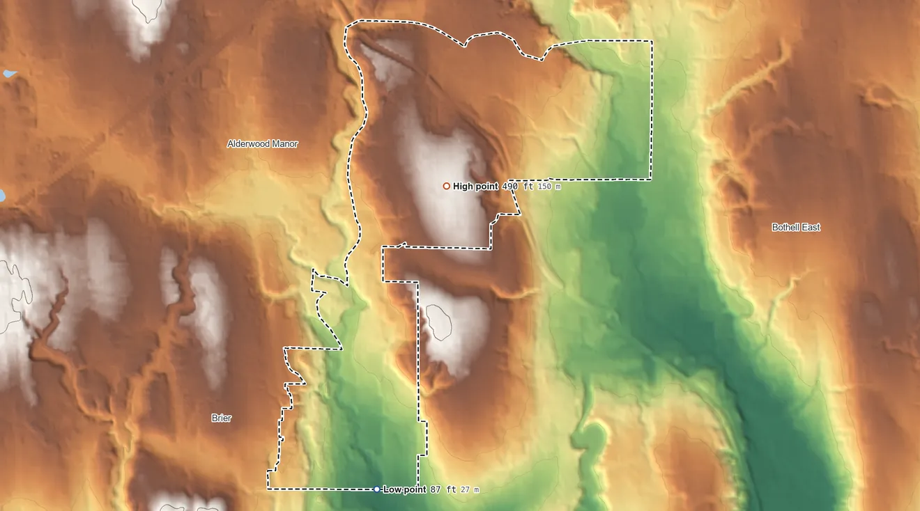 Topographic elevation map of Bothell West, Washington, shaded from 87 ft on the south side to 490 ft near the middle