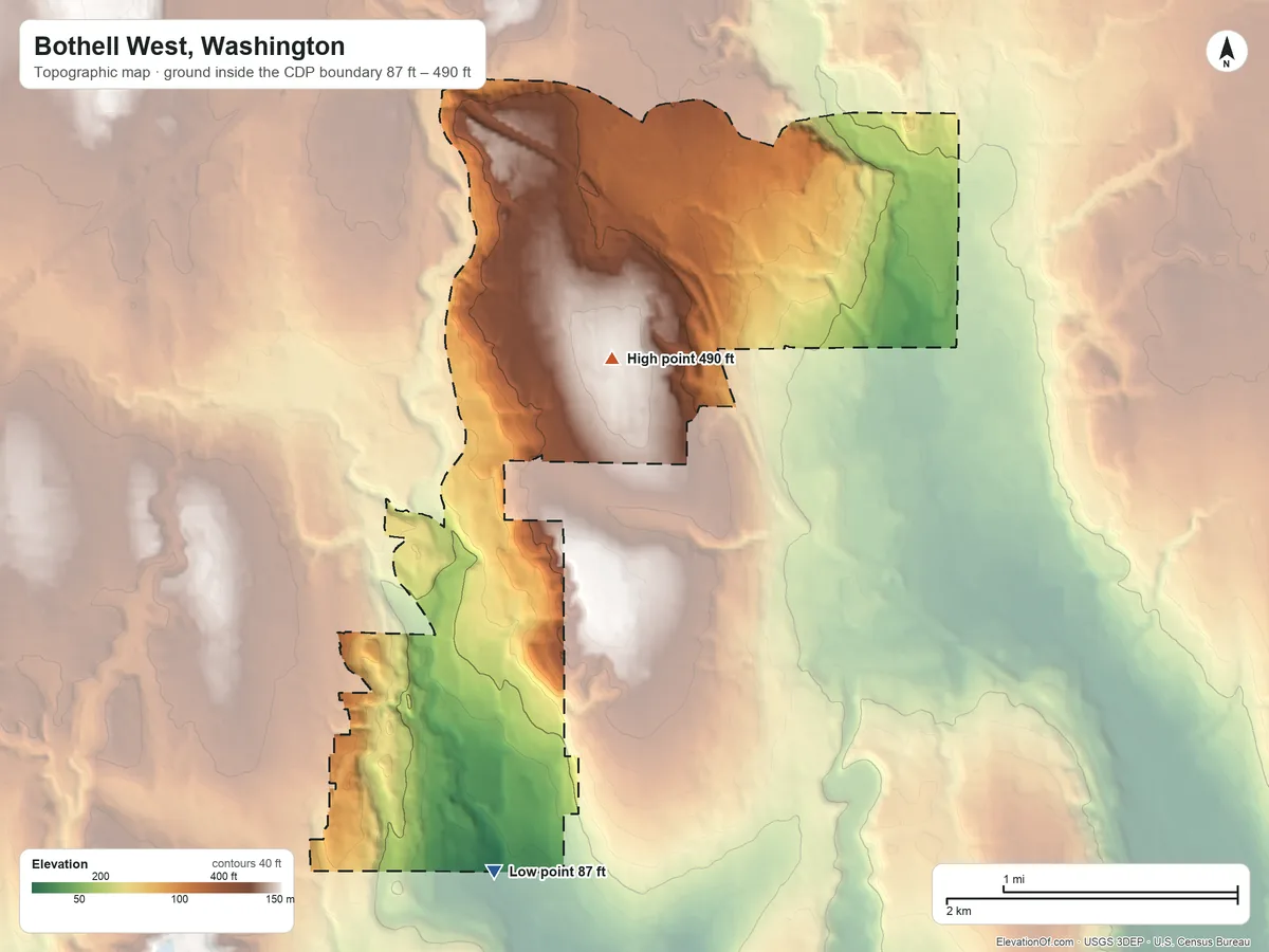 Topographic elevation map of Bothell West, Washington, shaded from 87 ft on the south side to 490 ft near the middle