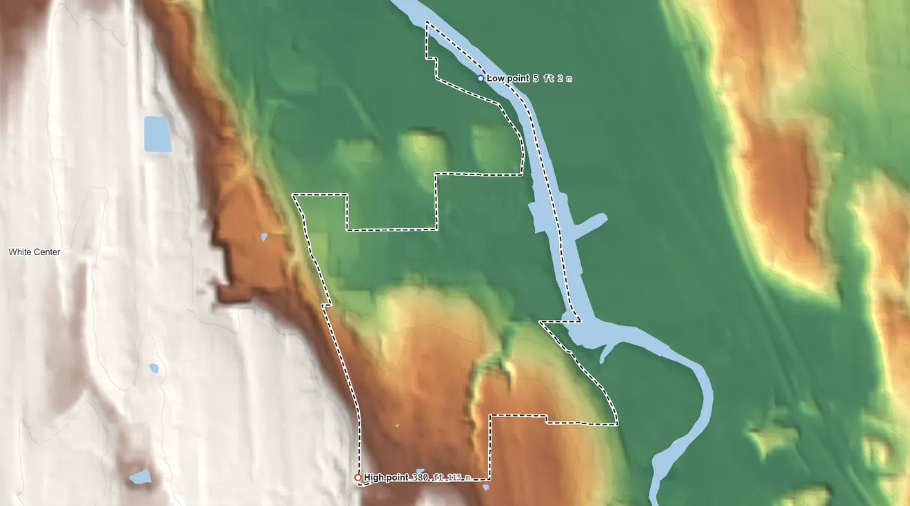 Topographic elevation map of Boulevard Park, Washington, shaded from 5 ft on the north side to 380 ft on the southwest side