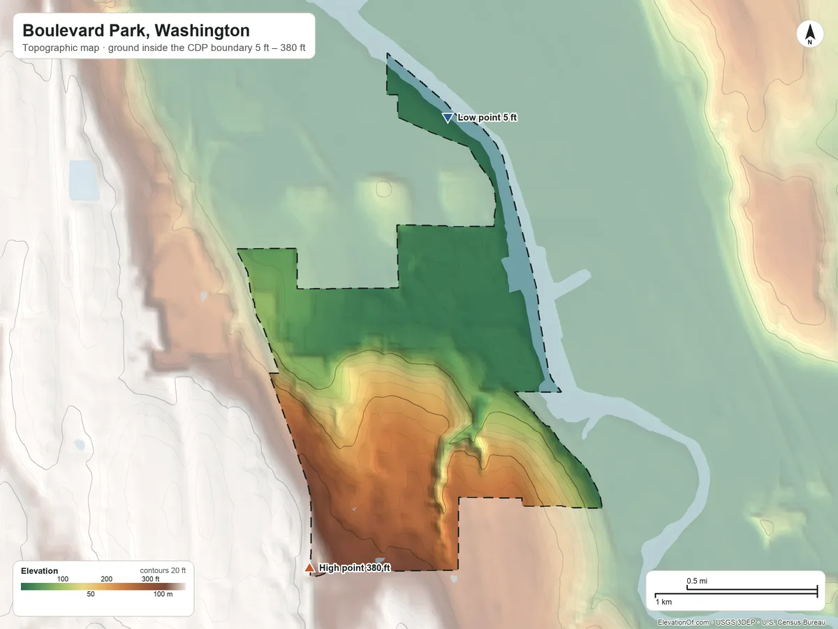 Topographic elevation map of Boulevard Park, Washington, shaded from 5 ft on the north side to 380 ft on the southwest side