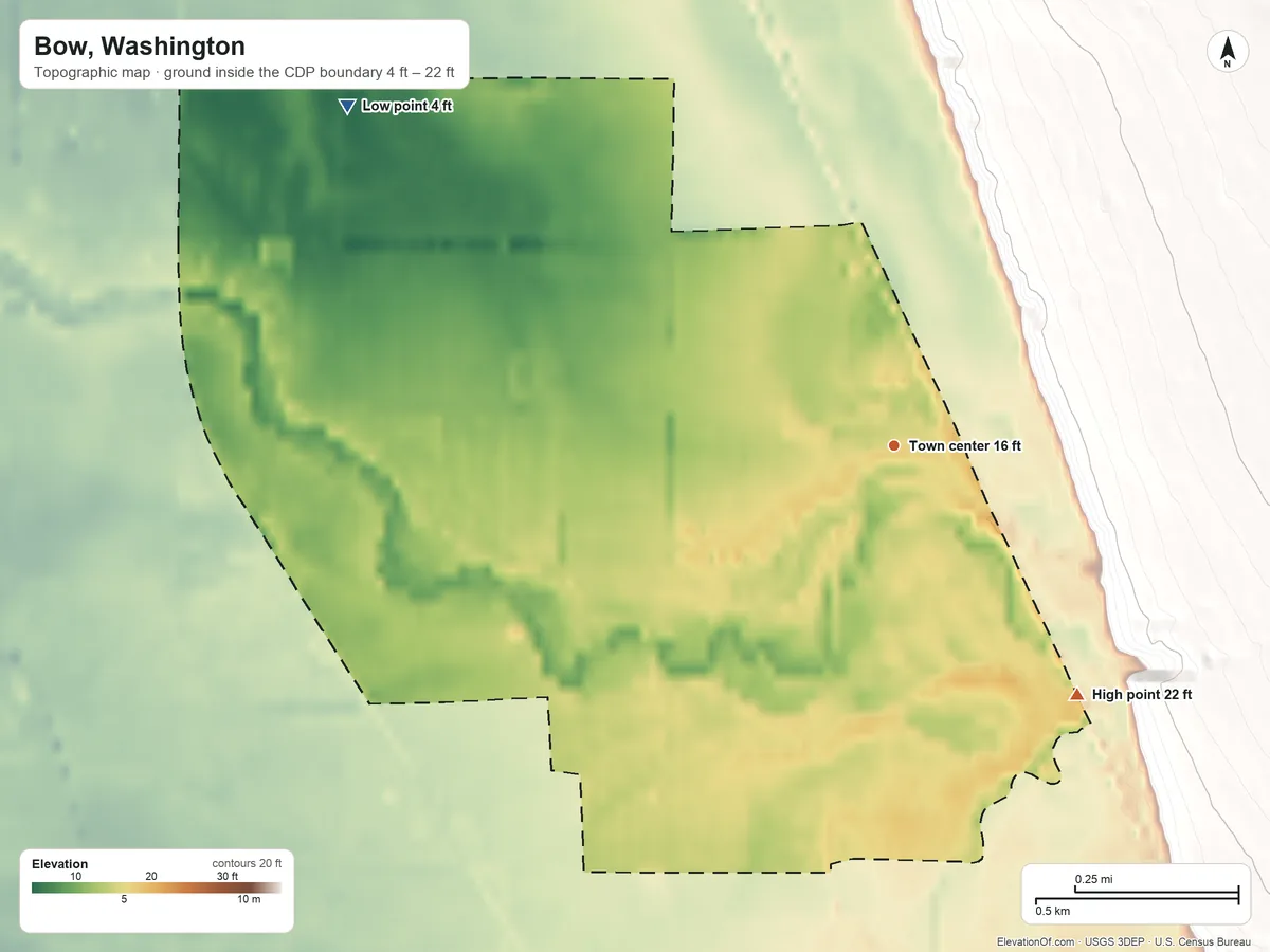 Topographic elevation map of Bow, Washington, shaded from 4 ft on the northwest side to 22 ft on the southeast edge, below higher ground just outside
