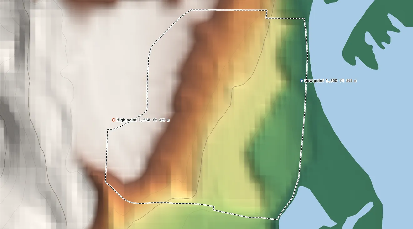 Topographic elevation map of Boyds, Washington, shaded from 1,300 ft on the northeast side to 1,560 ft at the foot of the Kettle River Range