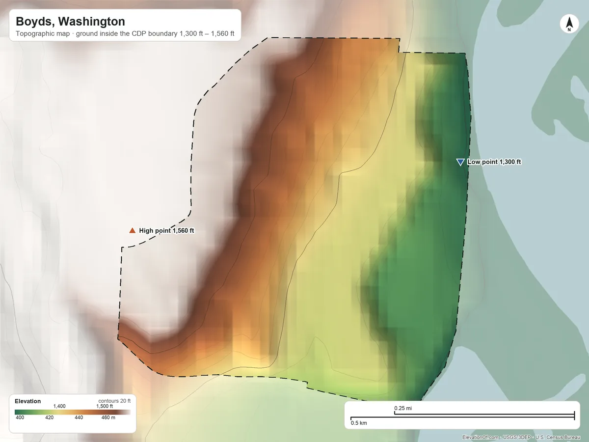 Topographic elevation map of Boyds, Washington, shaded from 1,300 ft on the northeast side to 1,560 ft at the foot of the Kettle River Range