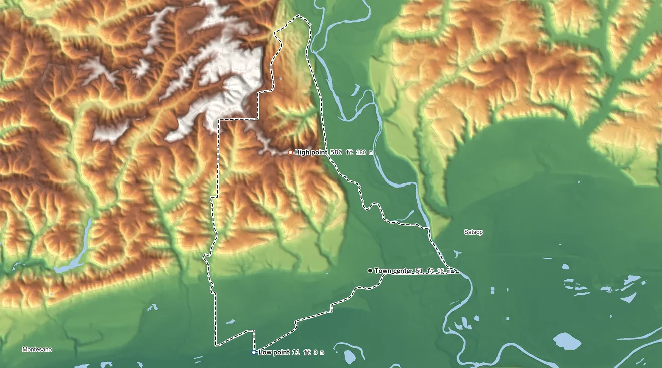 Topographic elevation map of Brady, Washington, shaded from 11 ft on the southwest side to 580 ft on the northwest side