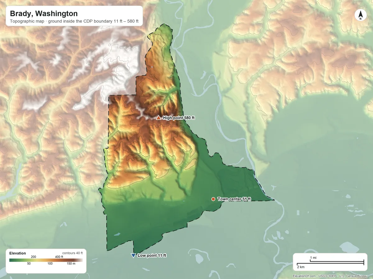 Topographic elevation map of Brady, Washington, shaded from 11 ft on the southwest side to 580 ft on the northwest side