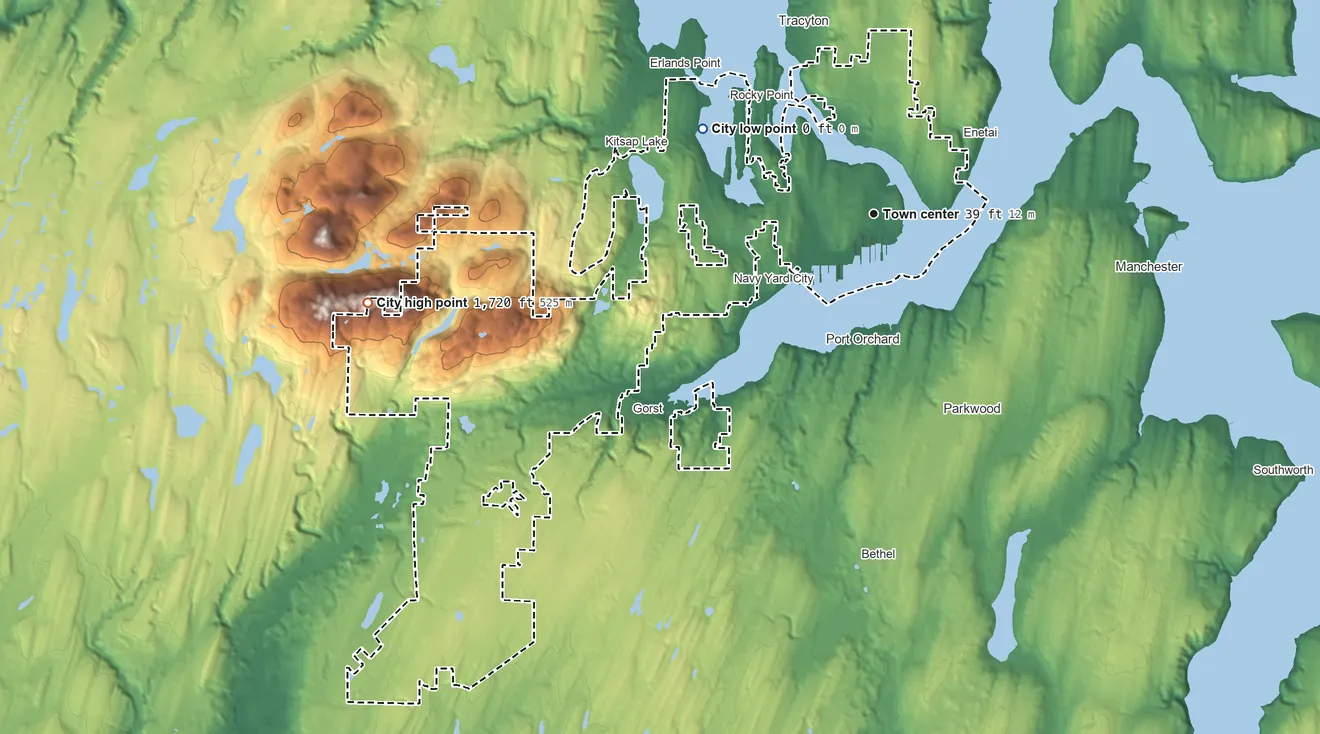 Topographic elevation map of Bremerton, Washington, shaded from sea level level on Ostrich Bay to 1,720 ft on the west side