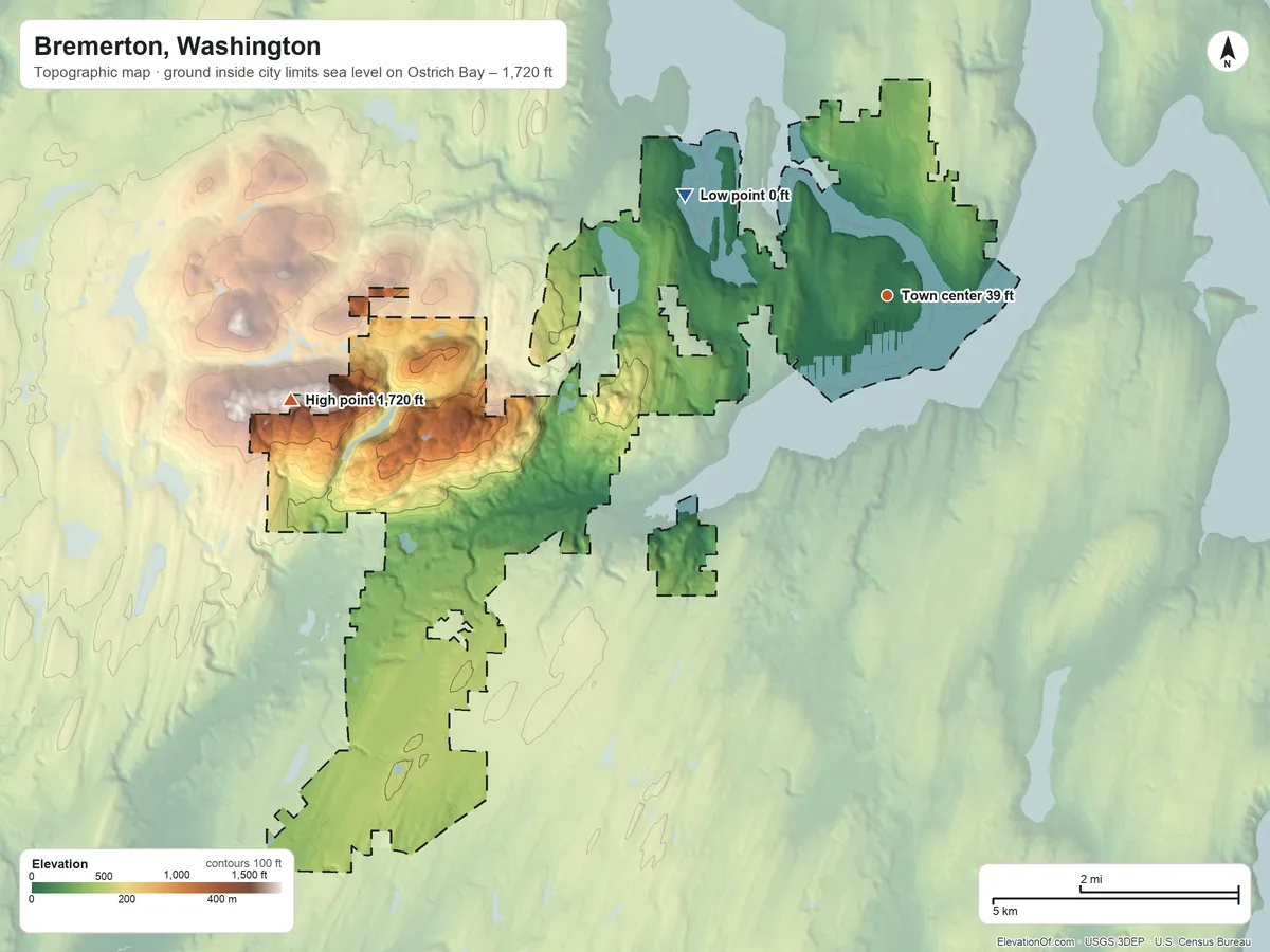 Topographic elevation map of Bremerton, Washington, shaded from sea level level on Ostrich Bay to 1,720 ft on the west side