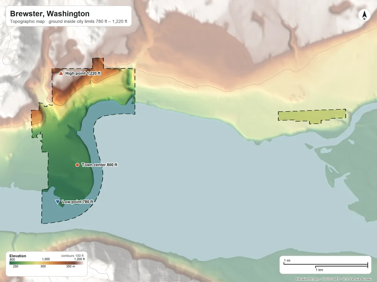 Topographic elevation map of Brewster, Washington, shaded from 780 ft on the southwest side to 1,220 ft on the north edge, below higher ground just outside