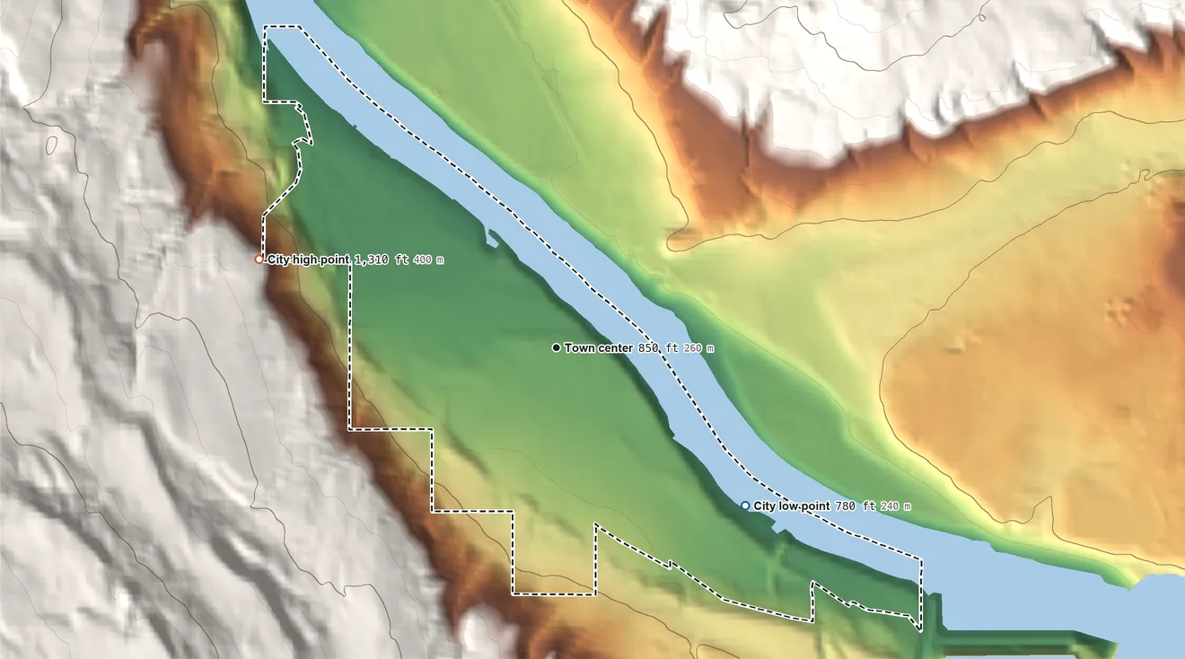 Topographic elevation map of Bridgeport, Washington, shaded from 780 ft on the southeast side to 1,310 ft on the west edge, below higher ground just outside
