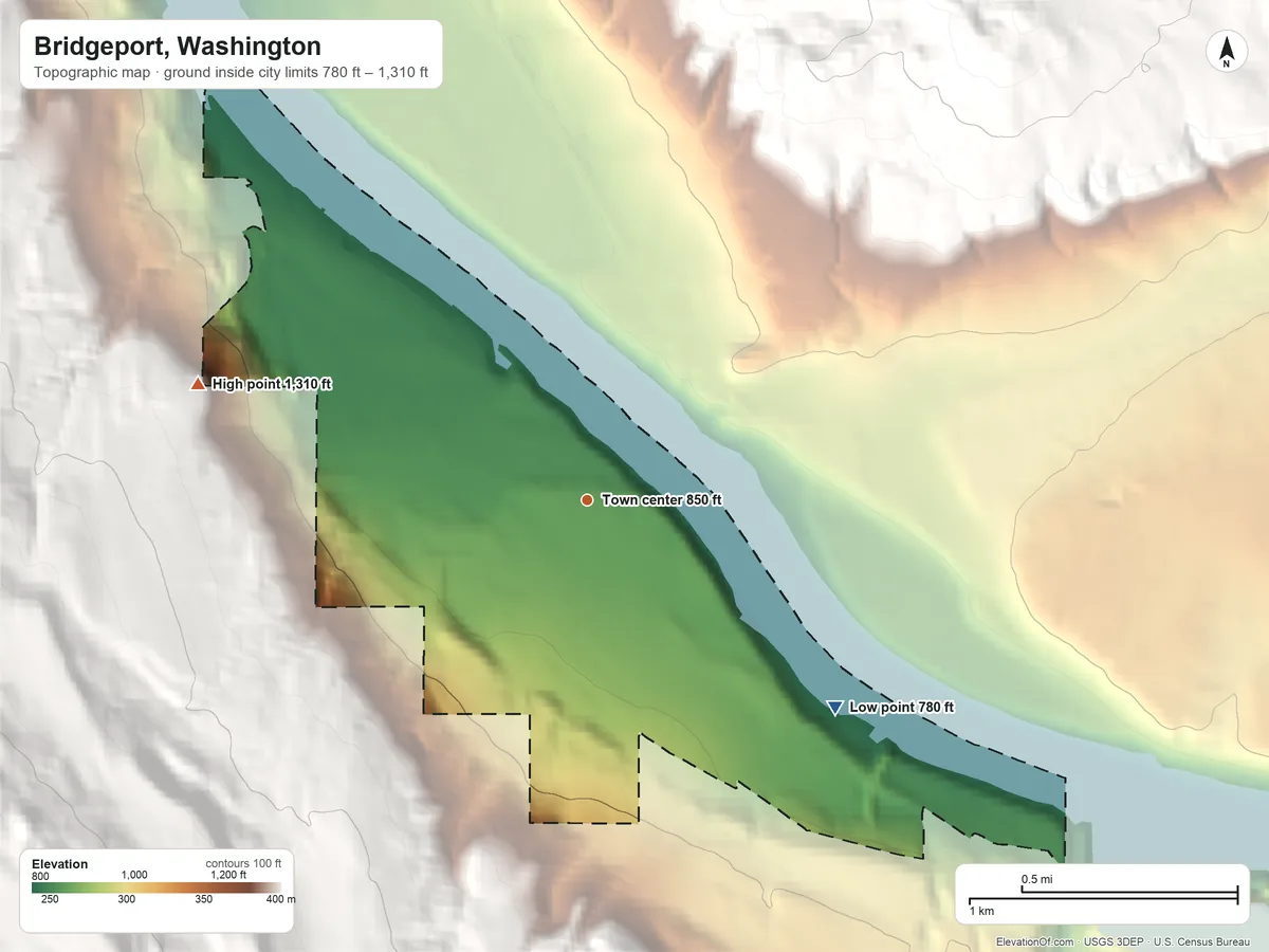 Topographic elevation map of Bridgeport, Washington, shaded from 780 ft on the southeast side to 1,310 ft on the west edge, below higher ground just outside