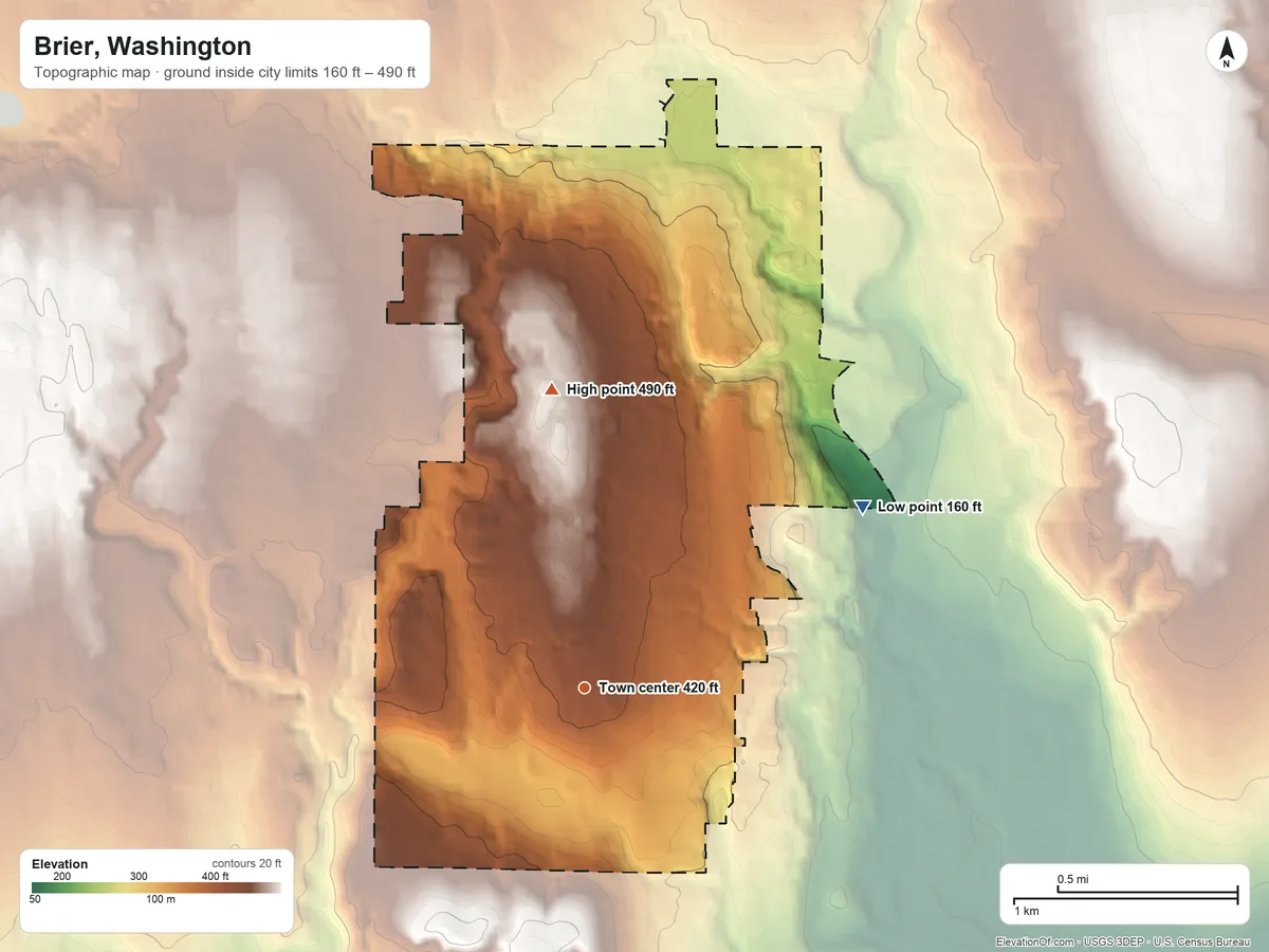 Topographic elevation map of Brier, Washington, shaded from 160 ft on the northeast side to 490 ft on the north side