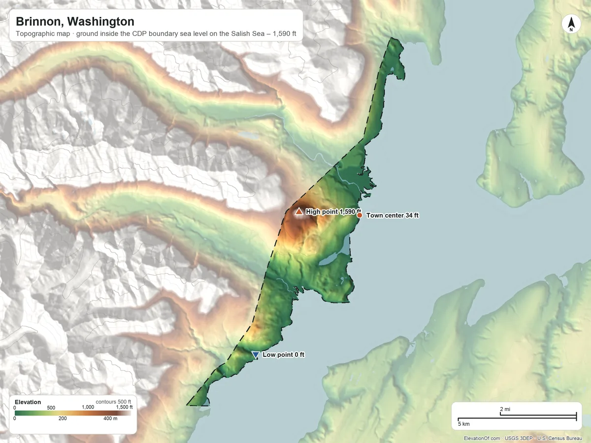 Topographic elevation map of Brinnon, Washington, shaded from sea level level on the Salish Sea to 1,590 ft at the foot of the Quilcene Range
