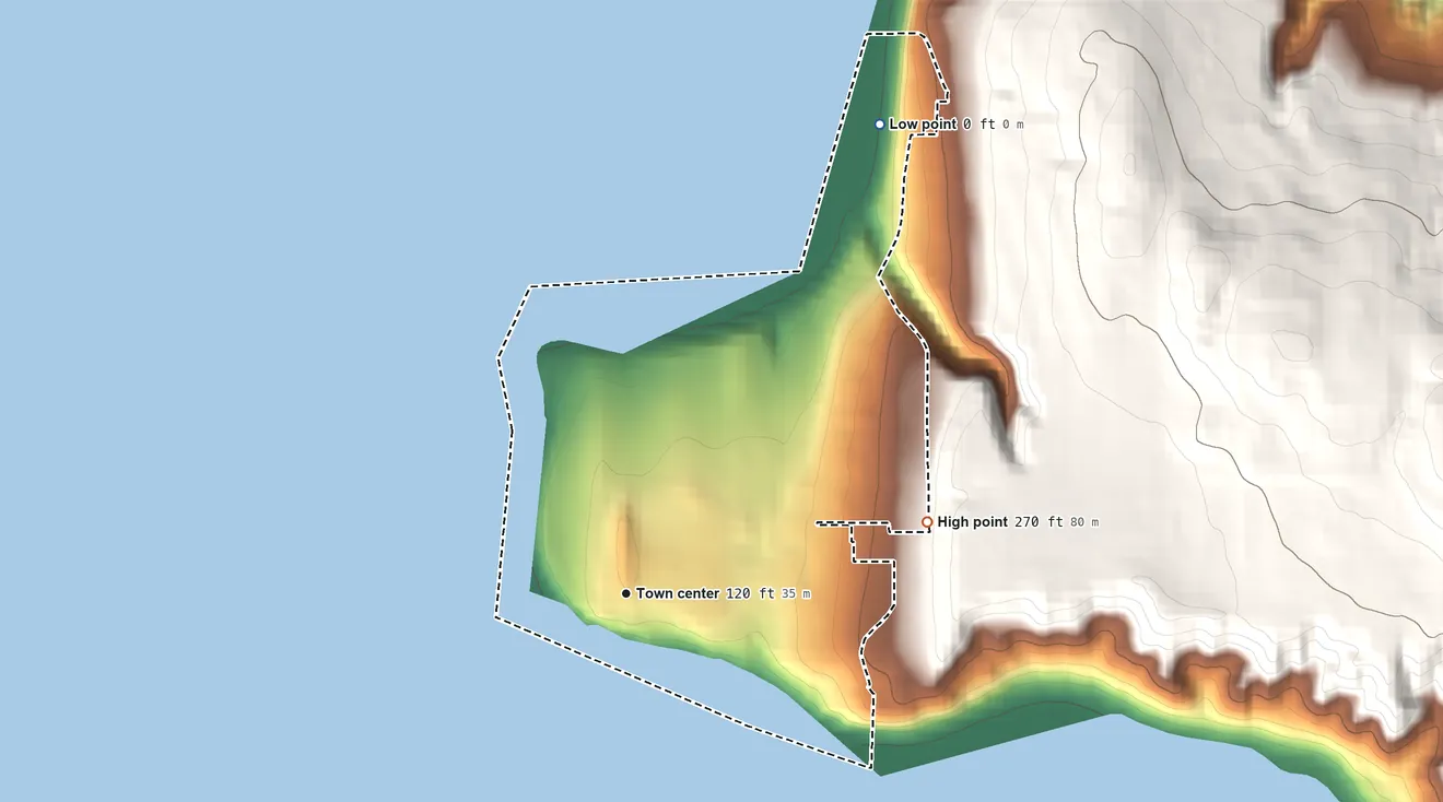 Topographic elevation map of Browns Point, Washington, shaded from sea level level on Puget Sound to 270 ft on the east side