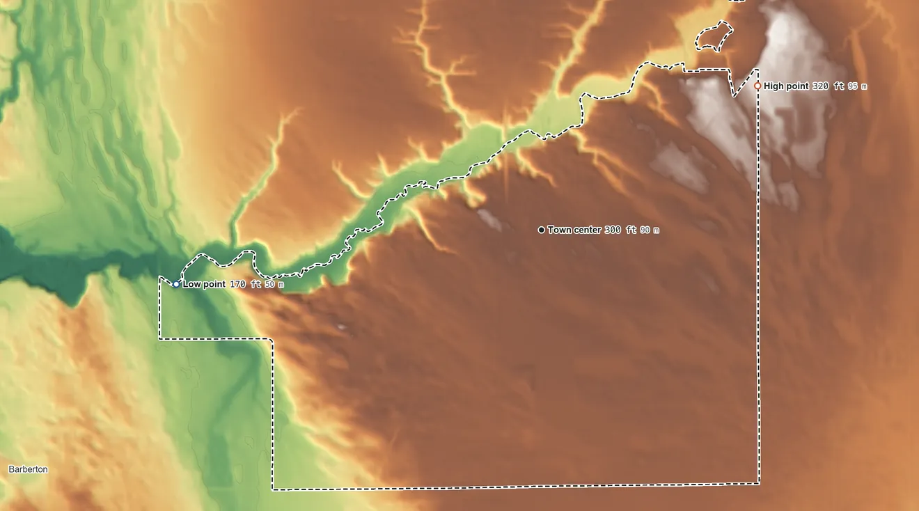 Topographic elevation map of Brush Prairie, Washington, shaded from 170 ft on the west side to 320 ft on the northeast side