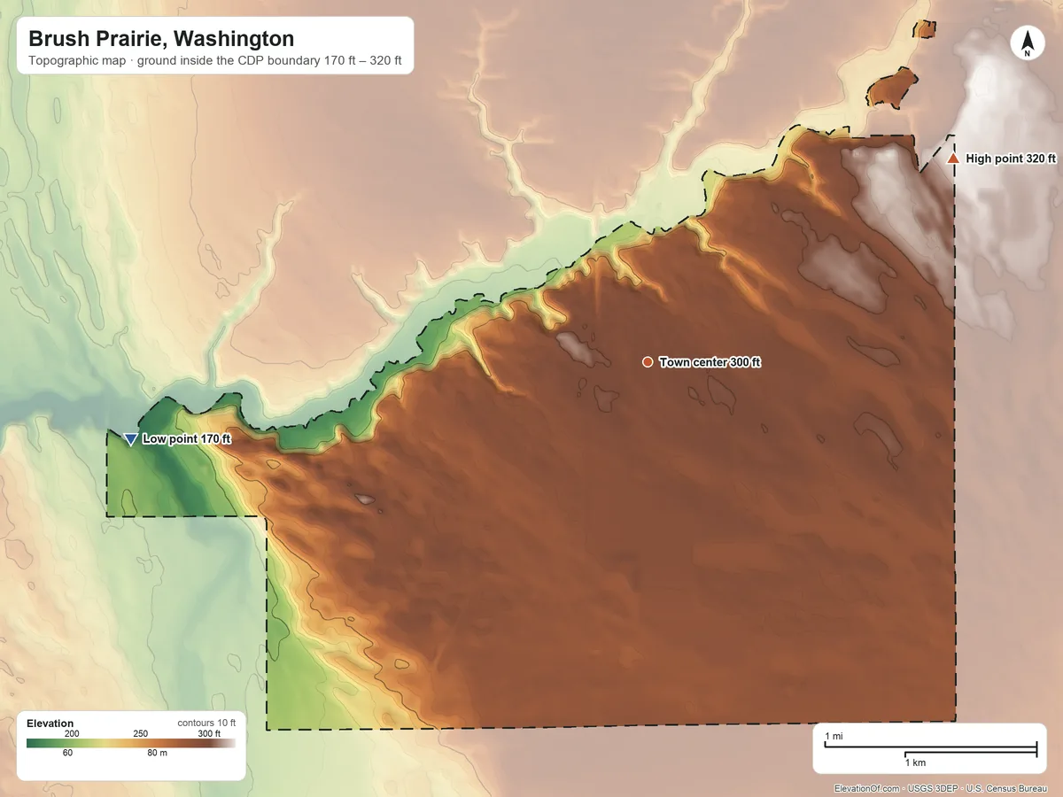 Topographic elevation map of Brush Prairie, Washington, shaded from 170 ft on the west side to 320 ft on the northeast side