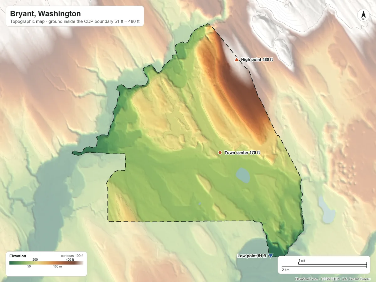 Topographic elevation map of Bryant, Washington, shaded from 51 ft on the southeast side to 480 ft at the foot of the Cultus Mountains