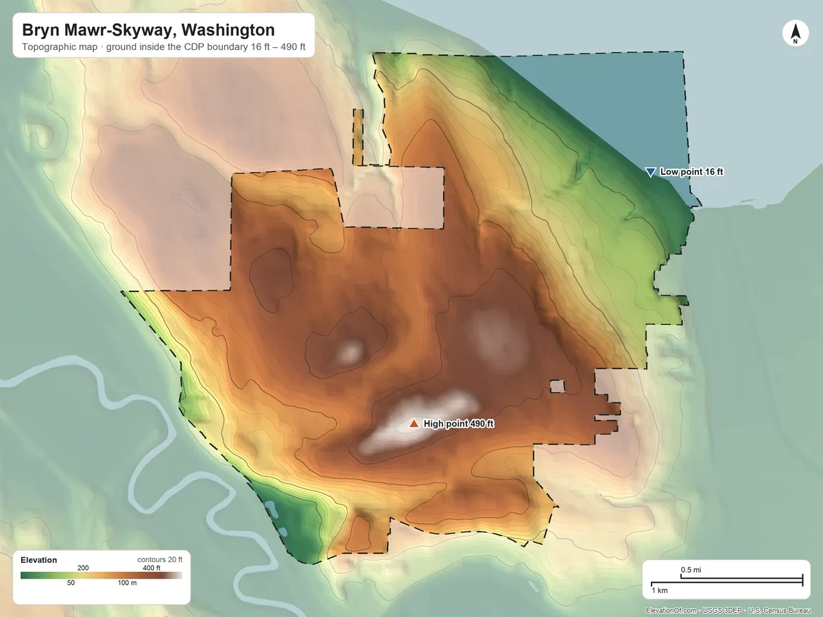 Topographic elevation map of Bryn Mawr-Skyway, Washington, shaded from 16 ft on the northeast side to 490 ft on the south side
