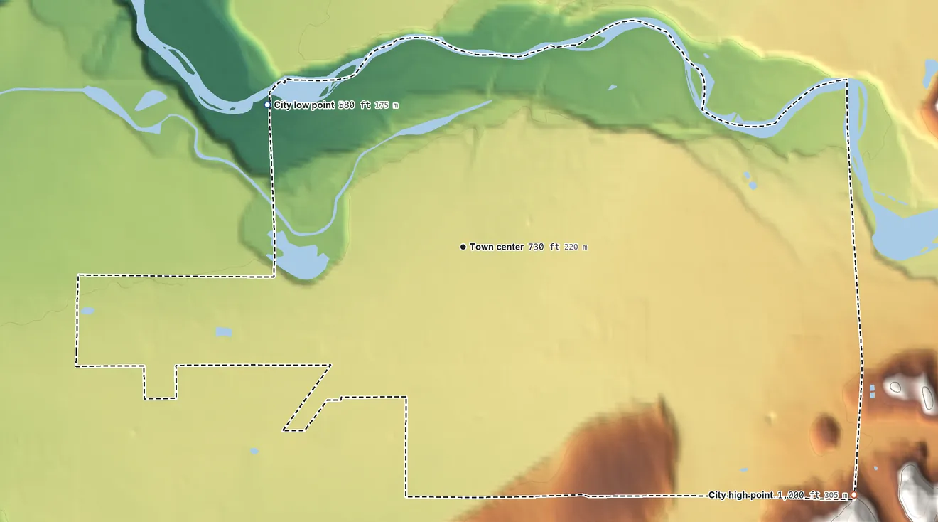 Topographic elevation map of Buckley, Washington, shaded from 580 ft on the northwest side to 1,000 ft on the southeast edge, below higher ground just outside