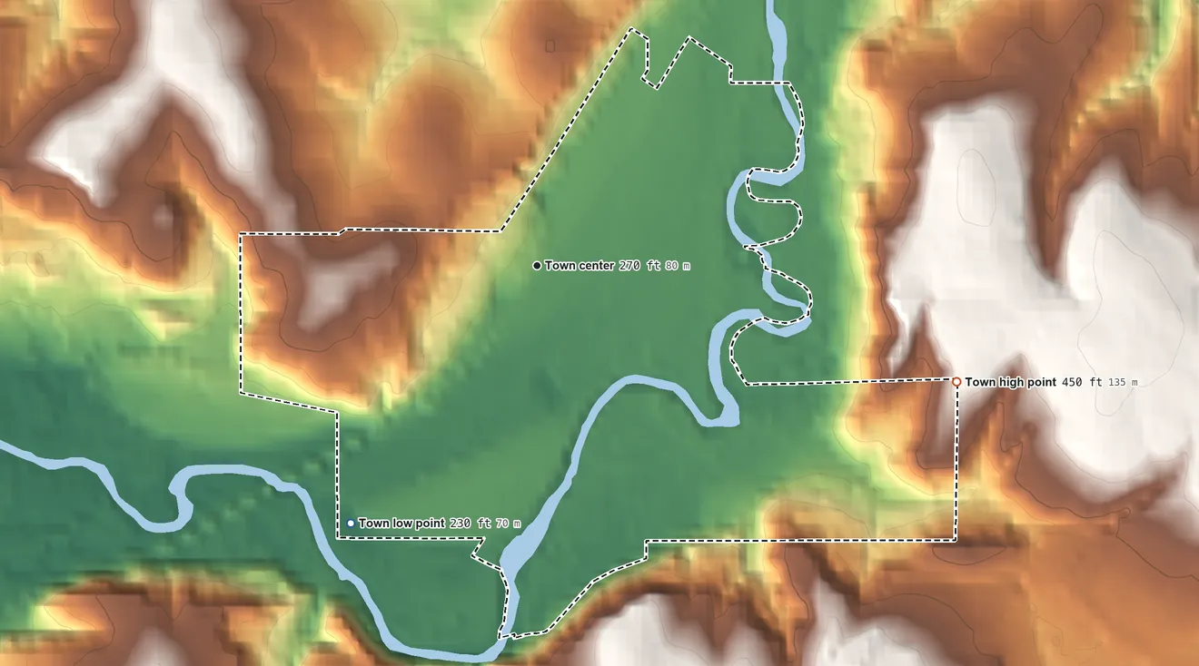 Topographic elevation map of Bucoda, Washington, shaded from 230 ft on the southwest side to 450 ft on the east side