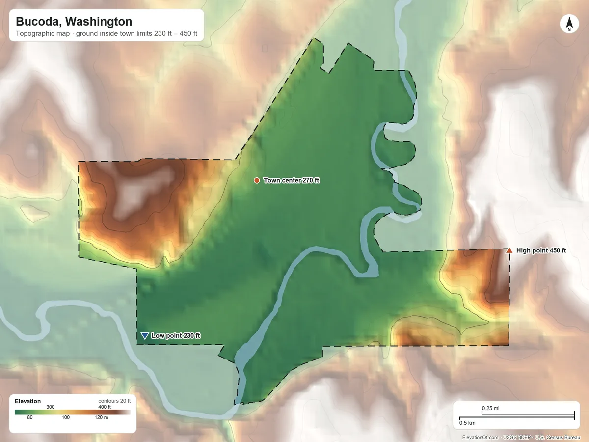 Topographic elevation map of Bucoda, Washington, shaded from 230 ft on the southwest side to 450 ft on the east side