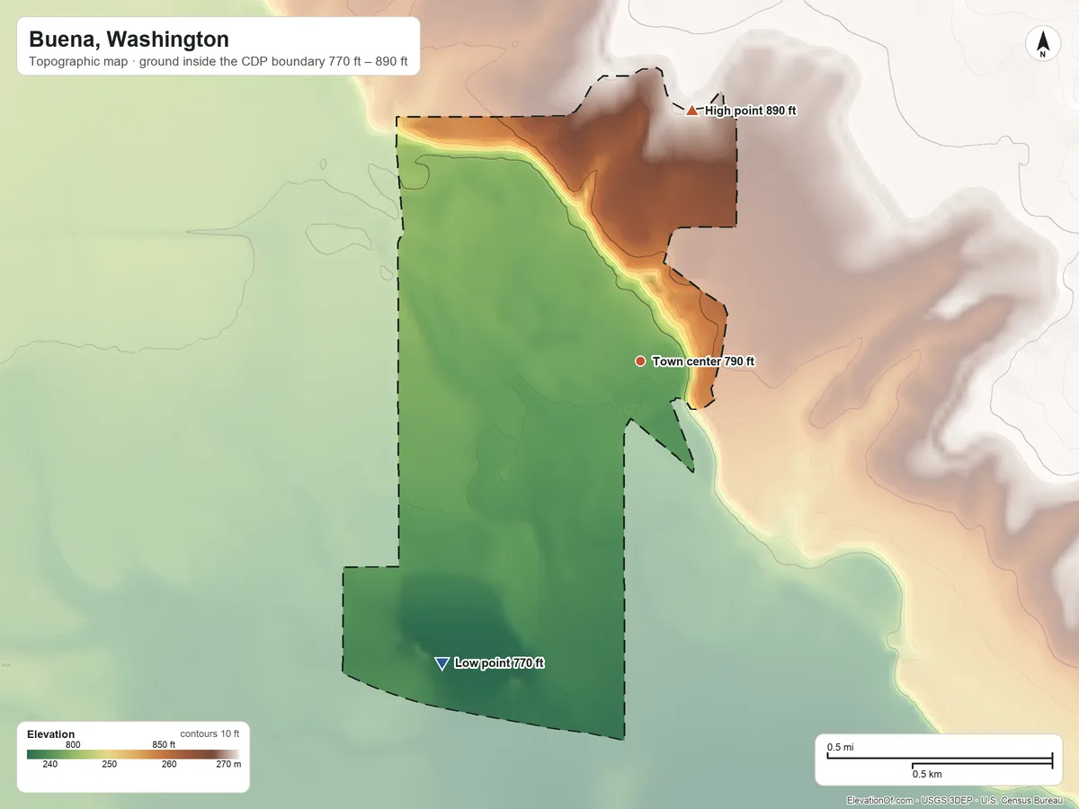 Topographic elevation map of Buena, Washington, shaded from 770 ft on the southwest side to 890 ft at the foot of the Rattlesnake Hills