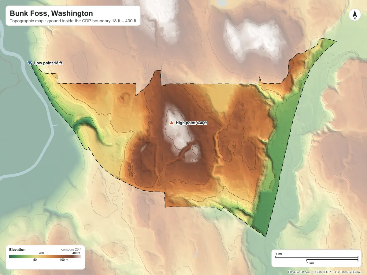 Topographic elevation map of Bunk Foss, Washington, shaded from 18 ft on the northwest side to 430 ft near the middle