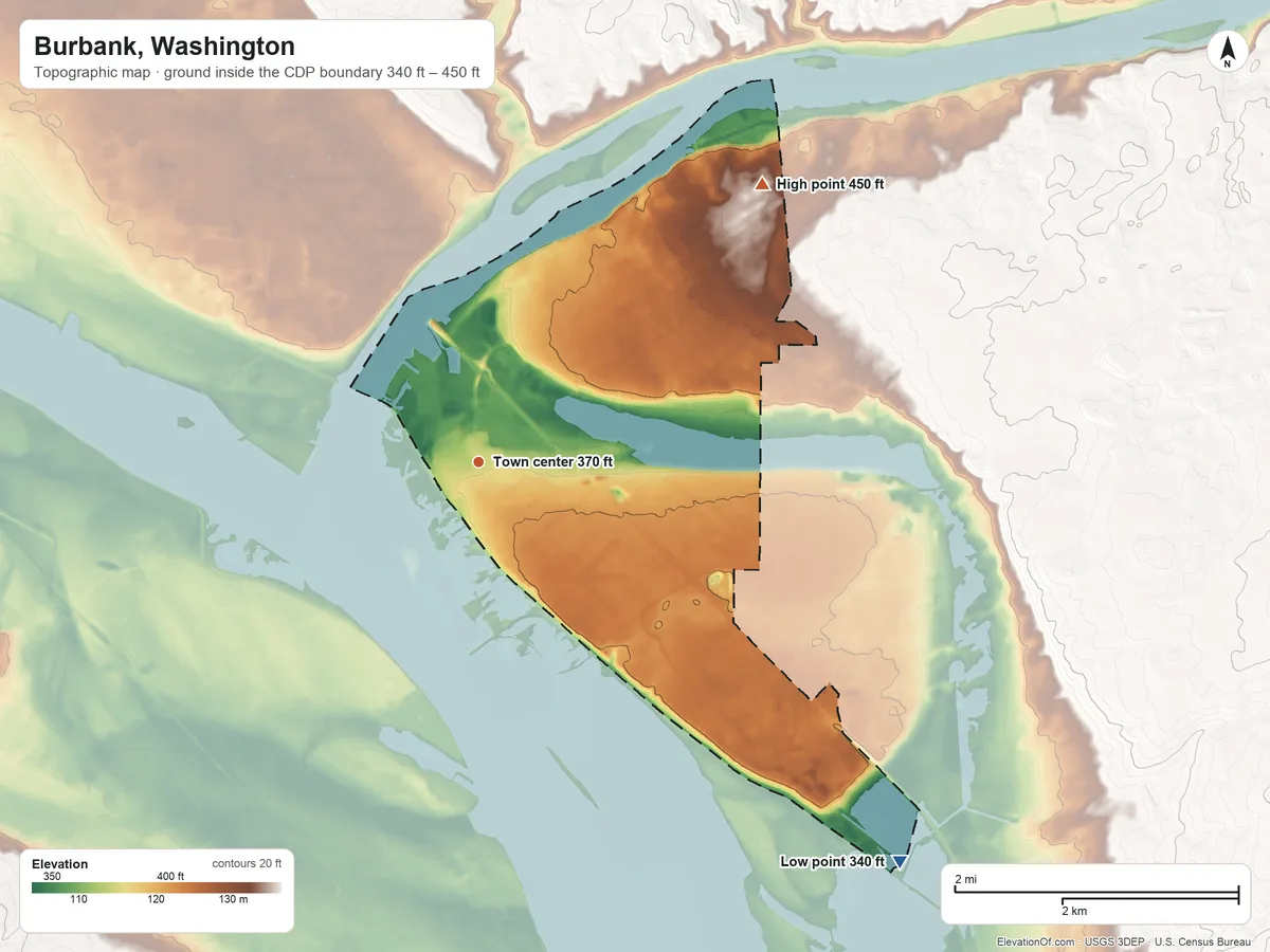 Topographic elevation map of Burbank, Washington, shaded from 340 ft on the southeast side to 450 ft on the northeast side