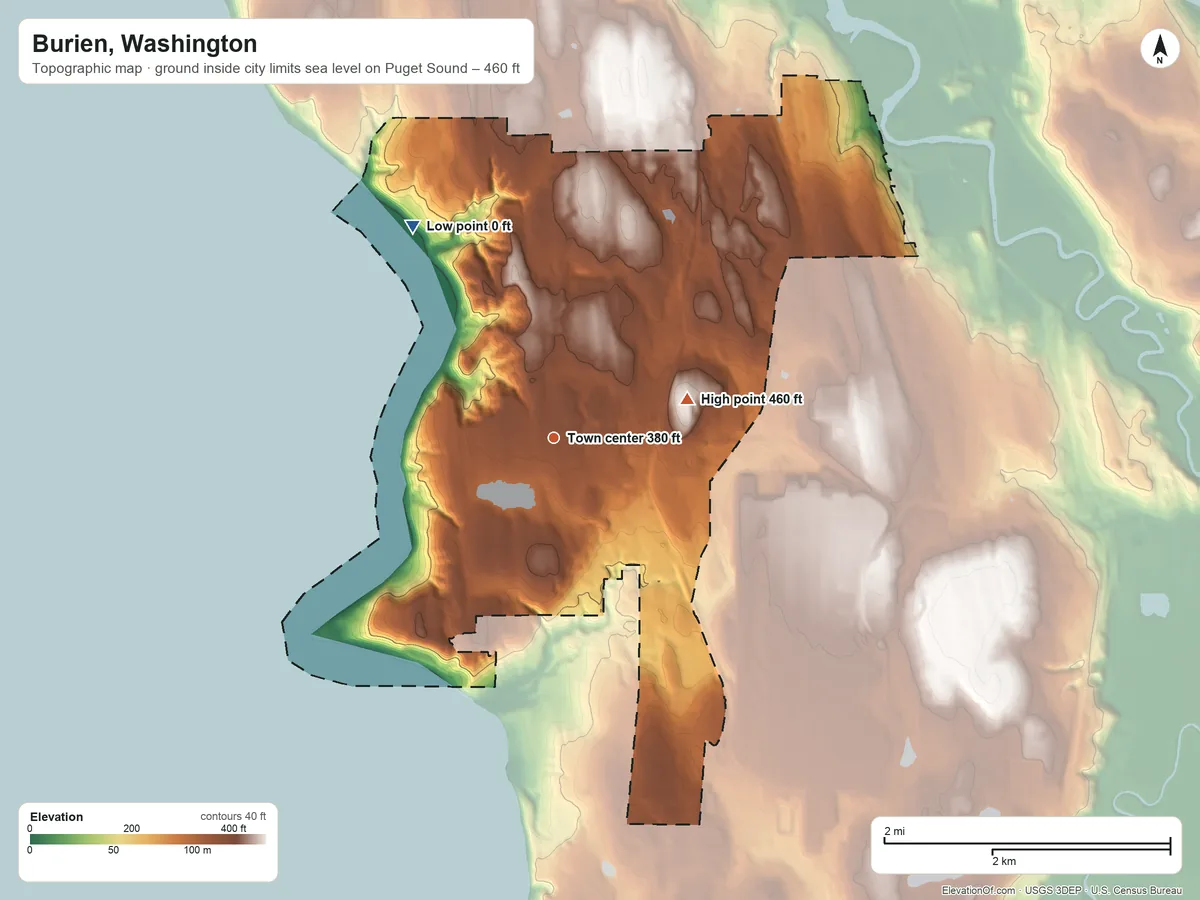 Topographic elevation map of Burien, Washington, shaded from sea level level on Puget Sound to 460 ft on the east side