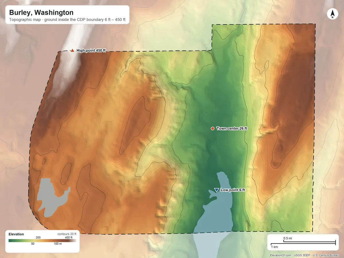 Topographic elevation map of Burley, Washington, shaded from 6 ft on the south side to 450 ft on the northwest side