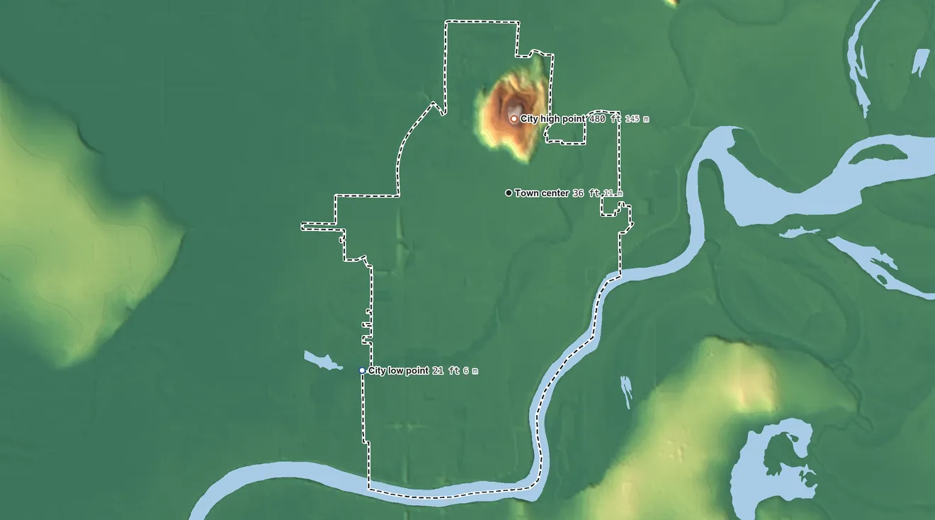 Topographic elevation map of Burlington, Washington, shaded from 21 ft on the southwest side to 480 ft on Burlington Hill