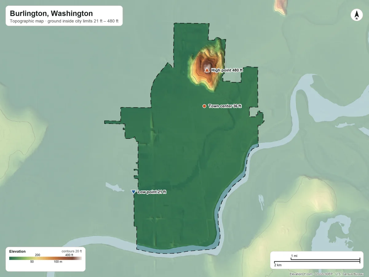 Topographic elevation map of Burlington, Washington, shaded from 21 ft on the southwest side to 480 ft on Burlington Hill