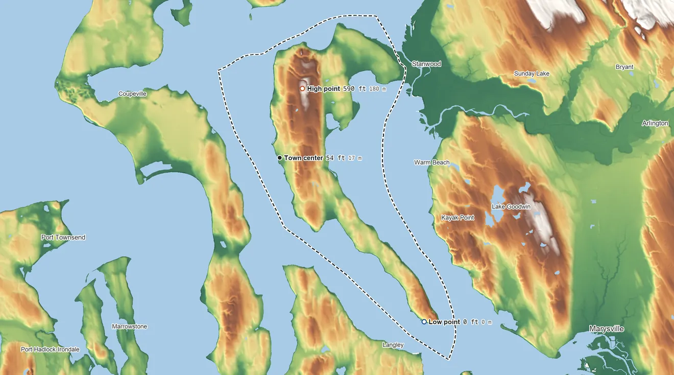 Topographic elevation map of Camano, Washington, shaded from sea level level on the Saratoga Passage to 590 ft on the north side