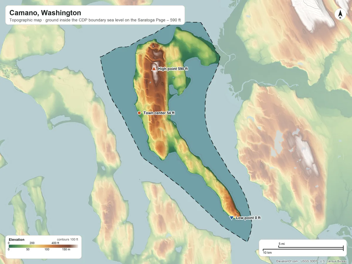 Topographic elevation map of Camano, Washington, shaded from sea level level on the Saratoga Passage to 590 ft on the north side
