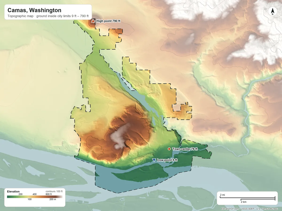 Topographic elevation map of Camas, Washington, shaded from 9 ft near the middle to 790 ft on Green Mountain