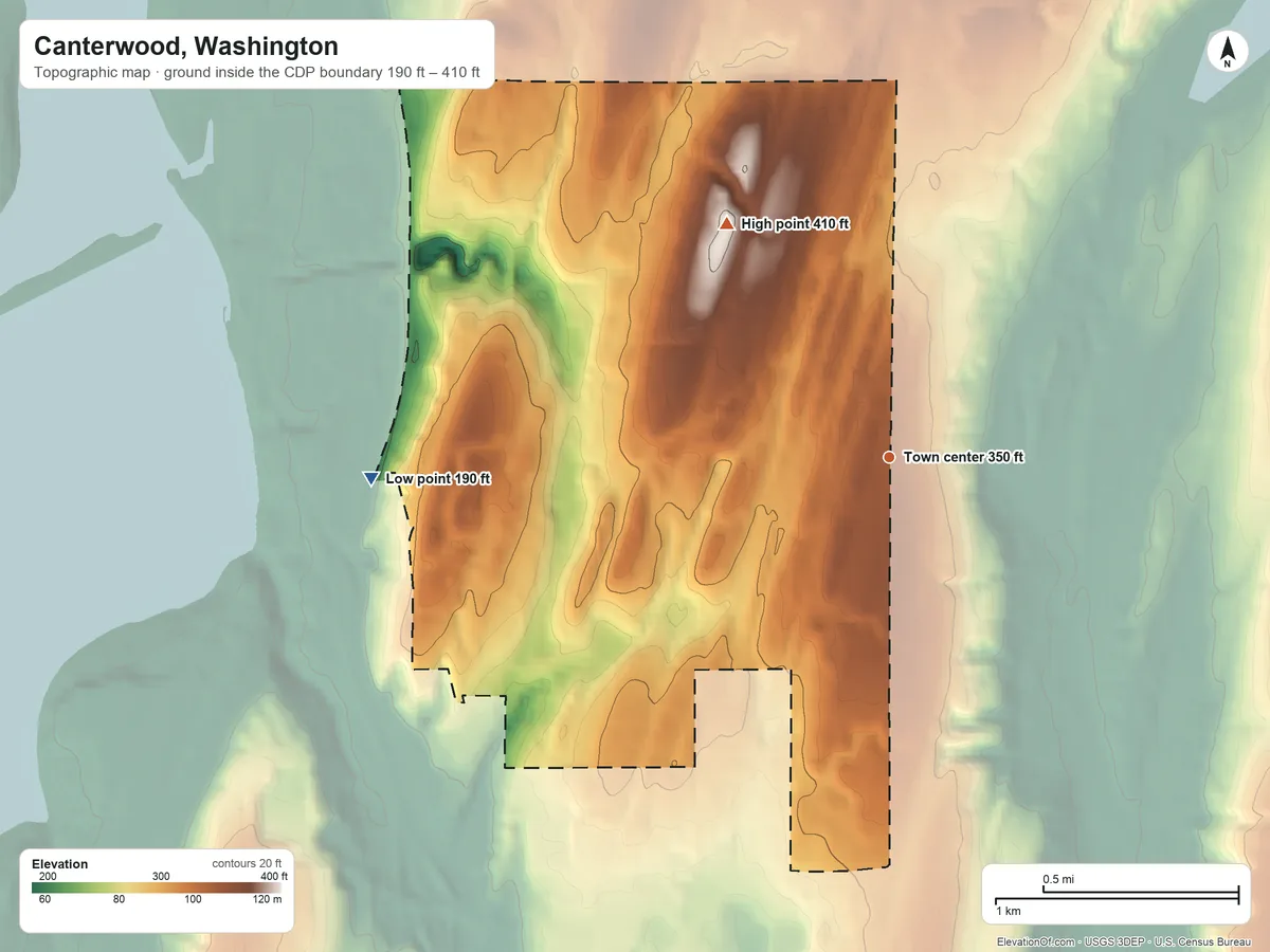 Topographic elevation map of Canterwood, Washington, shaded from 190 ft on the west side to 410 ft on the northwest side